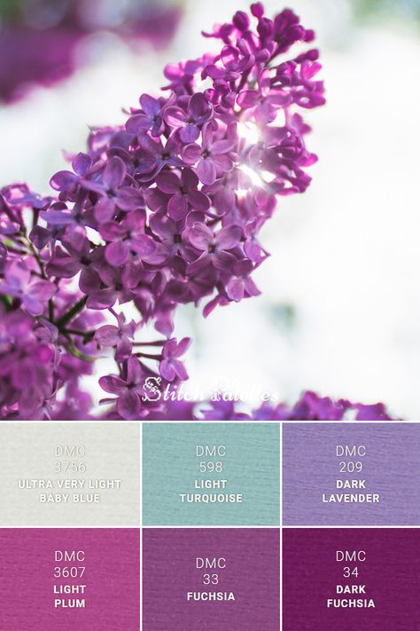 Dmc Colour Palettes, Stitch Pallets, Plum Color Palette, Stitch Palettes, Lilac Embroidery, Lavender Color Palette, Stitch Colors, Purple Color Palettes, Dark Lavender