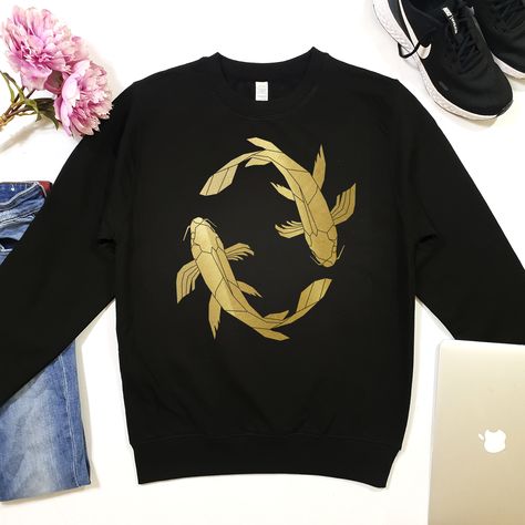 Sweatshirt Design Ideas, Koi Fish Designs, Custom Sweaters, Graphic Print Sweatshirt, Men's Sweatshirts, Men's Hoodies, Embroidery Sweatshirt, Hoodies Mens, Yellow Print