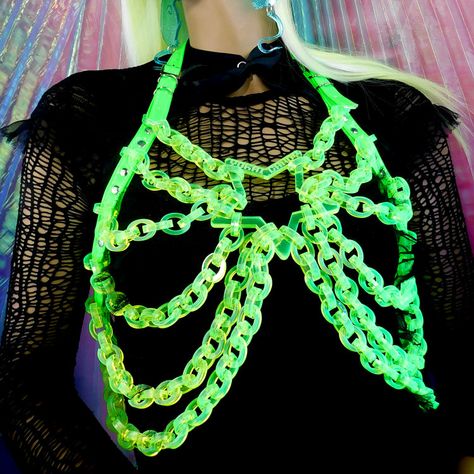 Accessories and Clothing – yokaicandy.com Neon Green Cyberpunk Outfit, Neon Punk Clothes, Neon Hyperpop Aesthetic, Neon Green Graphic Liner, Kandi Body Harness, Cybergoth Accessories, Goth Assessories, Neon Punk Outfits, Neon Green Outfit Aesthetic