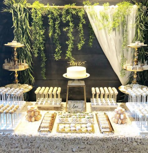 Olive Green Dessert Table, Green Sweet Table, Green And Gold Desert Table, White And Green Dessert Table, White Gold Greenery Dessert Table, Green And White Candy Bar, Wedding Catering Display, Sweet Table Decorations, Gold Dessert Table