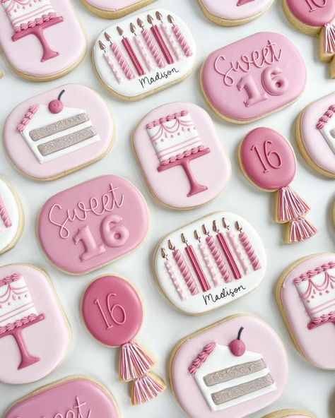 Leah Durso on Instagram: "Sweet 16 ✨💕" Pink And Gold Cookies Birthday, Pink Sweet 16 Cookies, Sweet 16 Birthday Cookies Decorated, Sweet 16 Cookies Pink, Sweet 16 Decorated Cookies, Sweet Sixteen Cookies Decorated, Half Birthday Cookies, Sweet 16 Cookies Decorated, Sweet 16 Birthday Cookies