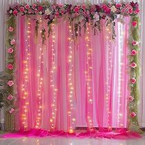 Pink Party Lights, Pink Birthday Set Up, Disco Pink Party, Pink Backdrop Birthday, Easy Diy Backdrop, Curtain With Lights, Hot Pink Birthday Decorations, Tea Party Backdrop, Pink Floral Backdrop