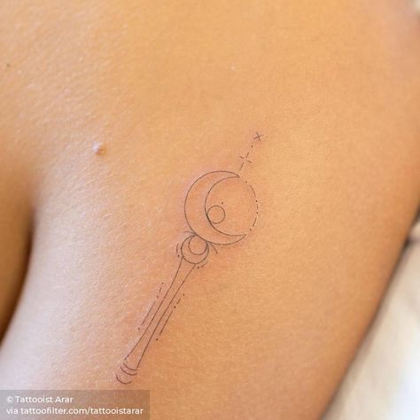 Sailor Moon Stick Tattoo, Sailor Moon Crescent Moon Tattoo, Fine Line Sailor Moon Tattoo, Sailor Moon Moon Stick Tattoo, Sailor Moon Fine Line Tattoo, Sailor Moon Scepter Tattoo, Subtle Sailor Moon Tattoo, Sailor Moon Line Art, Sailor Moon Tattoo Minimalist