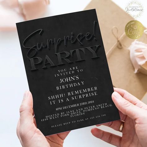 Surprise Birthday Invitation, Black Simple Invite for Him , Surprise Party, editable template, Instant Download  SE19 71 Birthday, 81st Birthday, Surprise Birthday Invitations, 70th Birthday Invitations, 21st Birthday Invitations, 40th Birthday Invitations, Invitations Diy, Black Invitation, Simple Invitation