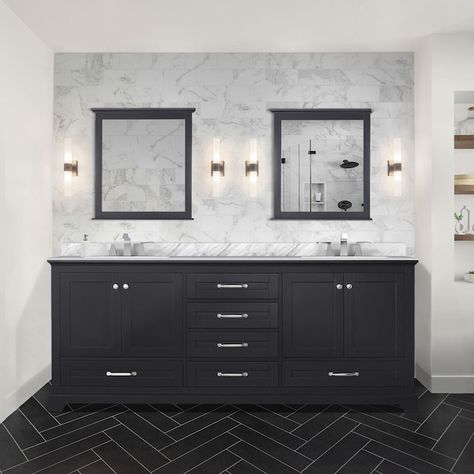 Lexora Dukes 80-in Espresso Undermount Double Sink Bathroom Vanity with White Carrara Marble Top (Mirror and Faucet Included) in the Bathroom Vanities with Tops department at Lowes.com Espresso Vanity, Sleek Bathroom, Widespread Faucet, Double Bath, Countertop Options, Bathroom Vanity Base, Quartz Countertop, Double Sink Bathroom, Vanity Countertop