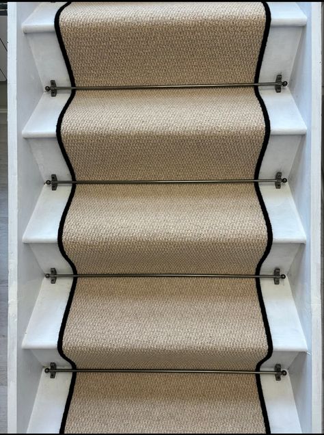 Edges coulx be Ochre or Burnt Orange Stair Runner Whipped Edge, Loop Carpet Stairs, Half Carpet Stairs, Stair Runner Into Landing Carpet, Stairs With Runner Carpet, Runner Carpet Stairs, White Stairs With Runner, Staircase Carpet Ideas, Stairs With Carpet Runner