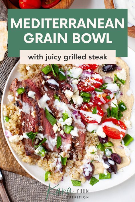 Ready in just 30 minutes, these Mediterranean quinoa bowls with grilled steak are filled with quinoa, tomatoes and bell pepper, feta, olives, and topped with slices of juicy grilled steak. And to top it all off: a creamy herb yogurt sauce. It's the perfect healthy weeknight meal for the whole family - everybody can customize and build their own steak bowl! Steak Grain Bowl, Greek Steak Bowl, Steak Quinoa Bowl, Mediterranean Steak Bowl, Steak Bowls Healthy, Mediterranean Grain Bowl, Steak Quinoa, Herb Yogurt Sauce, Mediterranean Steak