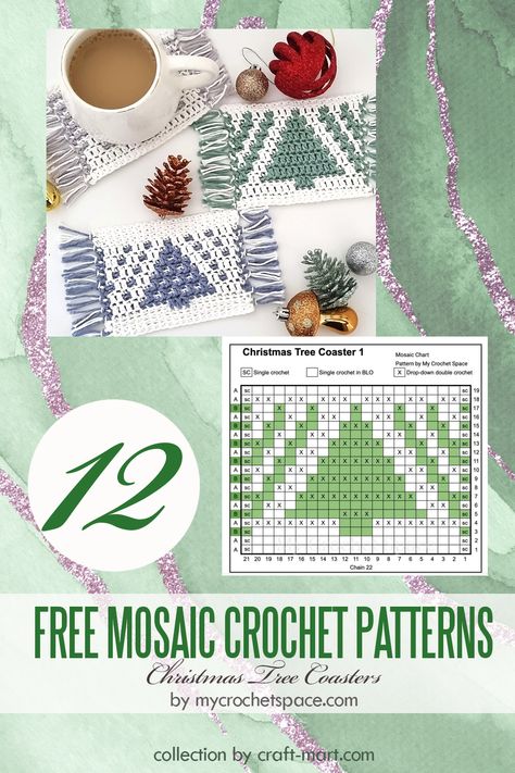 Granted you love Christmas and coffee, you would enjoy this easy crochet pattern. With this in mind, explore these 2 quick and easy coasters that come with instructions and free charts. Christmas And Coffee, Christmas Card Crochet, Christmas Tree Coasters, Mosaic Crochet Patterns, Overlay Mosaic Crochet, Crochet Christmas Trees Pattern, Christmas Mosaics, Crochet Christmas Tree, Mosaic Crochet