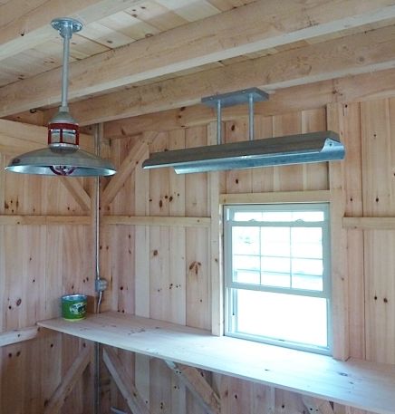 Barn Lighting Brings Authentic Look to New Barn | Inspiration | Barn Light Electric Retail Cash Wrap, Shed Makeover Interior, Barn Pendant Lights, Fluorescent Light Fixture, Cash Wrap, Barn Light Electric, Shed Interior, Retail Lighting, Tool Room