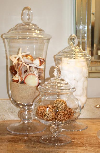 Apothecary Jars Decor, Modern Apothecary, Apothecary Decor, Toples Kaca, Jar Fillers, Deco Marine, Jar Ideas, Coastal Bathrooms, Spa Decor