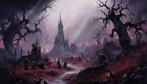 A dark chapel sits at the edge of a terrifying graveyard, dark fantasy art Graveyard Fantasy Art, Dark Fantasy Background Landscape, Dark Fantasy Landscape Art, Dark Chapel, Fantasy Graveyard, Fantasy Artwork Landscape, Dark Fantasy Artwork, Dark Souls 3, Fantasy Maps