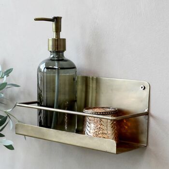 Brass Shelves, Metal Wall Shelves, Industrial Living, Washing Up Liquid, Simple Kitchen, Homewares Shop, Shelf Styling, Grey Glass, String Lights Outdoor