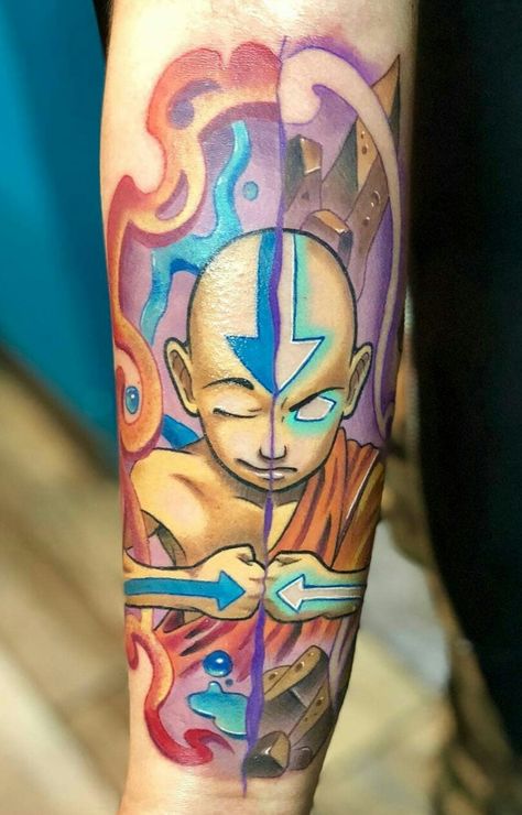 Regardless of the fact that Aang isn‘t smileing while meditating this is a great tattoo Aang Tattoo, Avatar Tattoo, Hunter Tattoo, Avatar Ang, Arte Nerd, Avatar Picture, Avatar The Last Airbender Art, Air Bender, Mehndi Tattoo