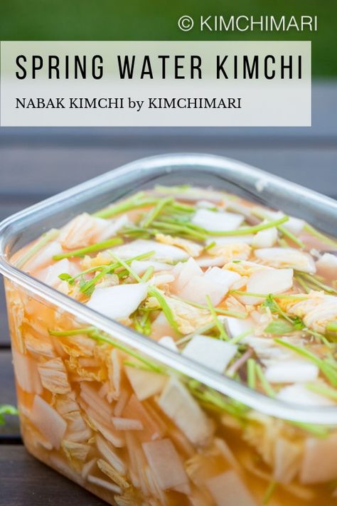 Nabak Kimchi is a Springtime Water Kimchi that's made with 6 ingredients only. Refreshing and mild, it's a perfect kimchi for kids too. It's vegan, gluten free with no fish sauce needed. #kimchi #koreanfood #pickles #fermentedfoods #preserving #kimchimari Radish Water Kimchi, White Kimchi Recipe, Asian Pickles, Water Kimchi, White Kimchi, Kimchi Recipes, Easy Korean Recipes, Korean Kimchi, Korean Side Dishes