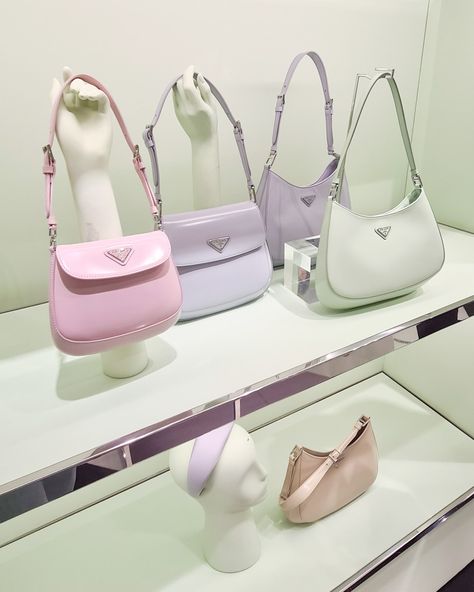 Prada Cleo bags in pastel colors on a light green background Pastel Luxury, Prada Bag Aesthetic, Aesthetic Prada, Aesthetic Handbags, Bag Prada, Prada Shoulder Bag, Bag Aesthetic, Aesthetic Pastel, Bag Cute