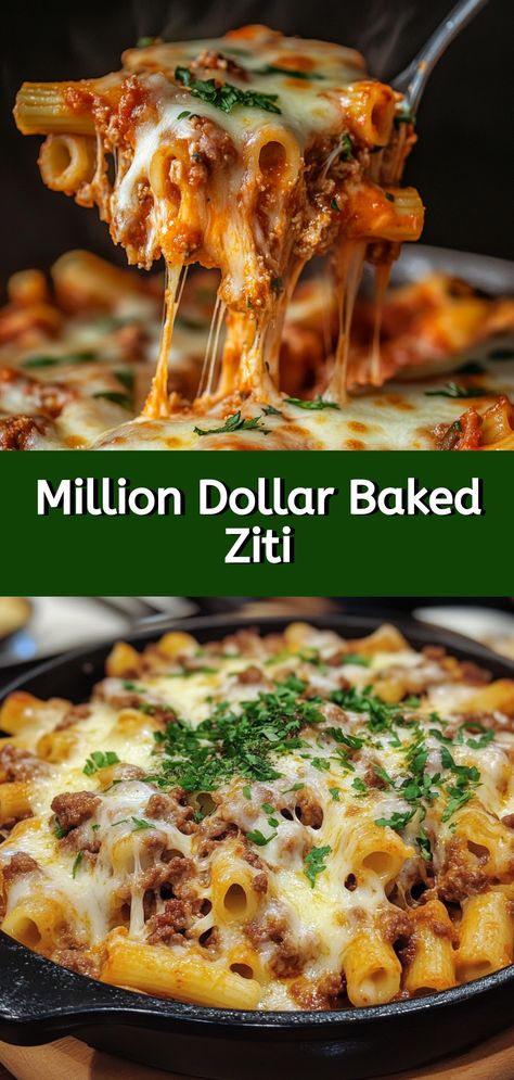 Discover the ultimate comfort food with our Million Dollar Baked Ziti! This crowd-pleaser is loaded with layers of rich, creamy cheese, savory Italian sausage, and perfectly cooked pasta. Ideal for those cozy evenings, this recipe brings the warmth of home-cooked goodness straight to your table. Perfect for women who love experimenting in the kitchen, it's a dish that transforms simple ingredients into a million-dollar experience. Treat yourself and your loved ones to a dinner that's as satisfying as it is delicious, perfect for any night of the week! Meals To Make As A Family, Italian Pasta Bake Taste Of Home, Simple Dinner Recipes For Two Cheap, Italian Make Ahead Recipes, Great Italian Recipes, Sfoglini Pasta Recipes, Christmas Baked Ziti, Lighter Pasta Recipes, Pasta Bake For A Crowd