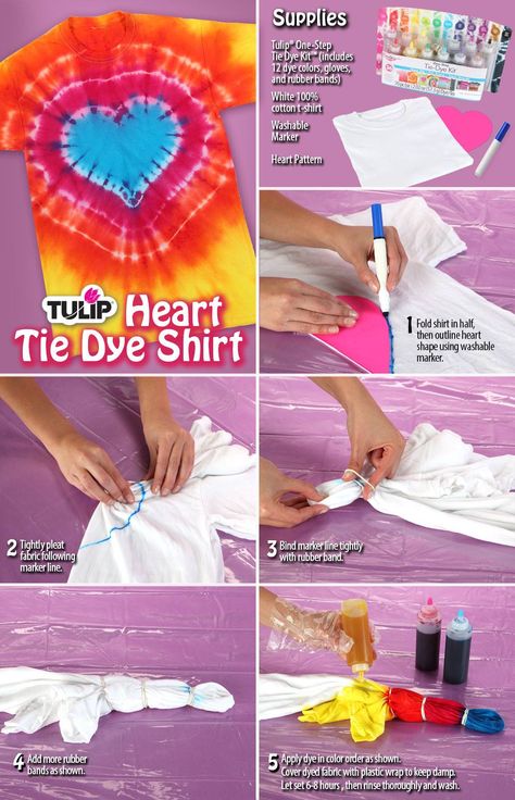 Tulip One-Step Tie-Dye Heart Technique Tie Dye Folding Techniques, Tie Dye Shirts Patterns, Tye Dye Patterns, Diy Tie Dye Techniques, Diy Tie Dye Designs, Tie Dye Patterns Diy, Diy Tie Dye Shirts, Tie Dye Heart, Tie Dye Party