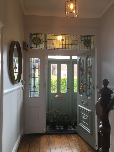 Porch Ideas Entrance Interior Victorian, Townhouse Vestibule, Internal Front Door, 1930s Entryway, Stain Glass Doors Entrance, 1930s Porch Ideas, Front Door With Stained Glass Window, Stained Glass Front Doors, Stain Glass Front Door