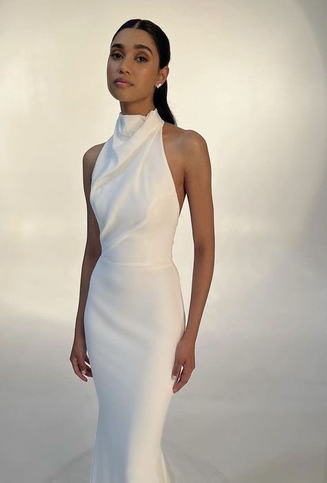 High Nexk Wedding Dresses, Elegant High Neck Wedding Dress, White Dress High Neck, Halter Neck Wedding Reception Dress, Silk Form Fitting Wedding Dress, Turtleneck Wedding Dress Sleeveless, High Neck Gown Hairstyle, High Neck Silk Wedding Dress, Structured White Dress