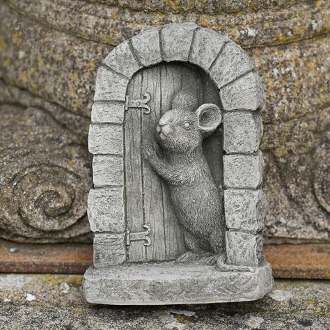 Reconstituted Stone Mouse Door Statue An adorable garden ornament of a mouse perched on his doorstep! This stone statue is elegantly designed and designed to lean against a wall, tree base or windowsill. These are weather and frost proof and work perfectly in your home or garden! Condition: New, Vintage finish. Size: 15cm tall, 9.5cm wide Composition: Stone (Weather & Frost Proof) Weight: 1kg Handmade in Wales by skilled craftsmen!  We set the standard for quality. If you're looking for the most Mouse Door, Concrete Garden Ornaments, Statue Garden, Stone Statue, British Garden, Concrete Garden, Stone Statues, Outdoor Statues, Animal Statues