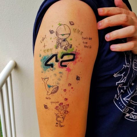 Galaxy Tattoo Ideas, The Galaxy Tattoo, American Style Tattoo, Galaxy Tattoo Sleeve, 42 Tattoo, Hitchhiker's Guide To The Galaxy, Planet Tattoos, Galaxy Tattoo, Hitchhikers Guide To The Galaxy