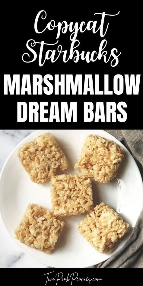 Image with text that says Copycat Starbucks Marshmallow Dream Bars below is an image of rice crispy treats on a white plate Copycat Starbucks Rice Krispie Treats, Starbucks Dream Bar Recipe, Starbucks Rice Crispy Treats Recipe, Rice Crispy Bars, Rice Crispy Treats Recipe, Marshmallow Bars, Dream Bars, Delicious Rice, Copycat Starbucks