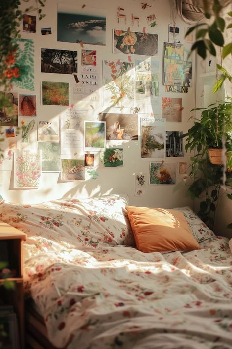 19 Trendy Dorm Wall Decor Ideas That Look Amazing Photo For Bedroom Wall, Bedroom Decor Dorm, Dorm Room Decor Ideas Wall Decorations, Dorm Room Picture Collage, Cozy College Apartment Bedroom Ideas, Flower Dorm Room Ideas, Aesthetic University Room, Soft Dorm Aesthetic, Cute Dorm Decor Ideas