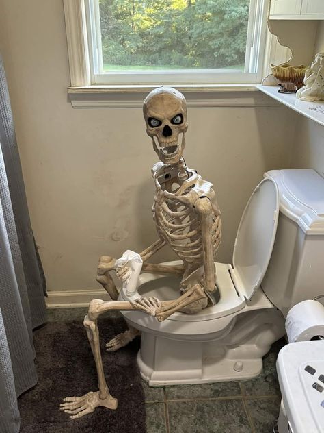 Tiktok Bathroom, Graveyard Decorations, Skeleton Halloween Decorations, Skeleton Poses, Skeleton Memes, Poses Funny, Skeleton Pics, Silly Skeleton, Plastic Skeleton