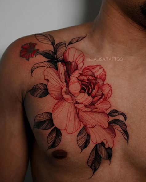 Floral designs aren’t just for the ladies; they can look incredibly striking and sophisticated on men too. So glad to have brought this vision to life! 🌼🔥 #chesttattoo #floraltattoo #tattooart #menwithtattoo #TattooDesign #inklife #tattooartist #tattooinspiration #freshink#flowertattoo Man Floral Tattoo, Red Floral Tattoo, Red Flower Tattoo, Tattoo Chart, Ink Quotes, Red Flower Tattoos, H Tattoo, Tattoo Red, Chrysanthemum Tattoo