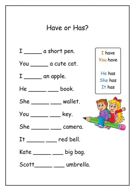 Have or has interactive exercise for Kindergarten, Grade 1,2. You can do the exercises online or download the worksheet as pdf. Work Sheets For Grade 2 English, English Work For Grade 1, English Lesson For Kindergarten, English Sheets For Grade 1, Worksheets Grade 1 English, English Lessons For Grade 1, Grammar Worksheets For Kindergarten, Kg English Worksheets For Kids, Grade 1 Grammar Worksheets