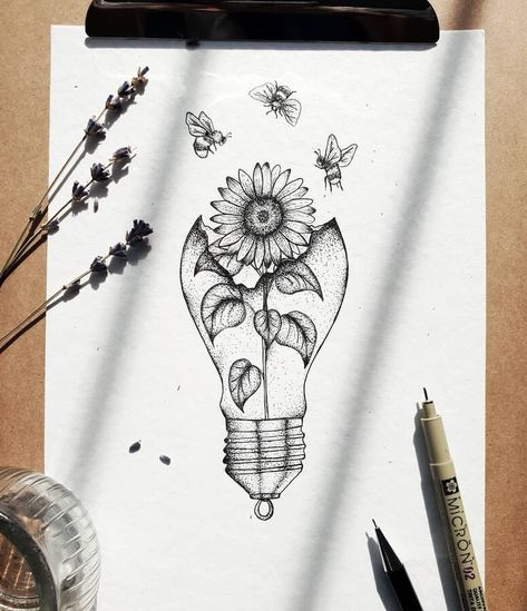 Sunflower and honey bees by M. Tim Sunflowers Drawing, Drawing Sunflowers, Stylo Art, Bee Drawing, Sunflower Drawing, Stippling Art, Výtvarné Reference, Art Sketches Doodles, White Sunflowers