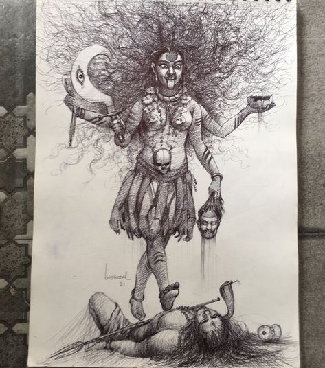 Ballpoint Pen Art, Pen Art Work, Goddess Kali, Durga Painting, Shakti Goddess, Pen Art Drawings, Shiva Painting, Kali Goddess, Hinduism Art