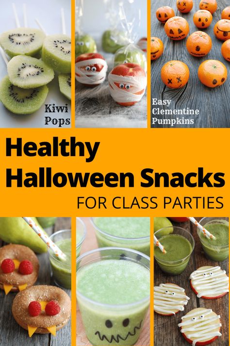 16 Healthy Halloween Snacks for Class Parties (Fun Simple!) Healthy Halloween Goodie Bags, Healthy Halloween Classroom Snacks, Healthy Harvest Party Snacks, Halloween Snacks Healthy Kids, Healthy Snacks For Classroom Party, Easy Halloween Snacks Healthy, Halloween Heathy Snacks, Easy Halloween Snacks For Party Healthy, Healthy Halloween Party Snacks