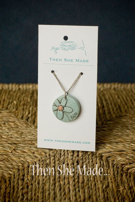 Robins Egg Blue Faith Flower Pendant Necklace by Thenshemade, $16.00 Embroidery Napkins, Sculpey Clay, Clay Polymer, Polymer Clay Jewelry Diy, Clay Jewelry Diy, Made Jewelry, Robins Egg, Flower Pendant Necklace, Molding Clay