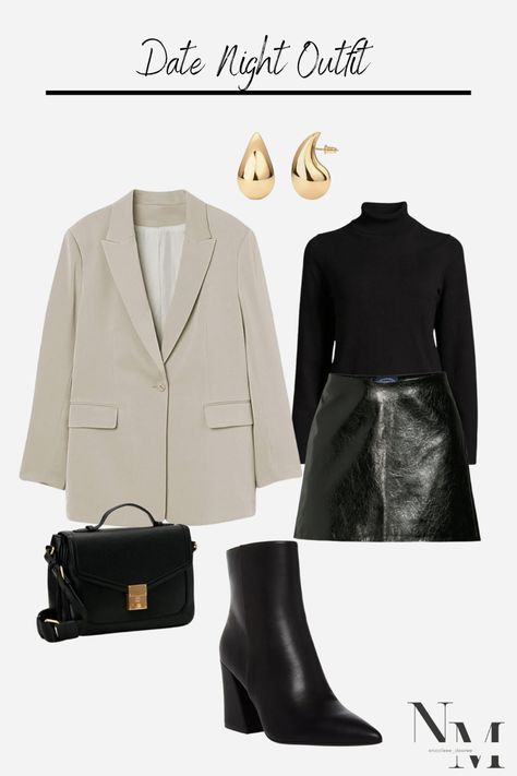 This all black outfit with a beige blazer over will make a perfect date night outfit! #outfitideas #outfitinspo #falloutfitdeas #falloutfit #fashion #styleinspo Beige Blazer Night Outfit, Going Out Blazer Outfit, Blazer Dinner Outfit, Winery Fits, Going Out To Dinner Outfit, Blazer Date Night Outfit, Blazer Going Out Outfit, Nude Blazer Outfit, Night Outfits Winter