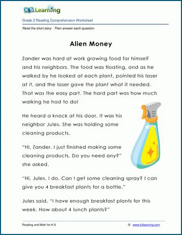 Grade 2 children's story: "Alien Money". Kid's story, fiction, 260 words. Reading comprehension questions follow the story. Free stories and reading worksheets from K5 Learning. No registration required. Short Stories For Grade 1 Reading Comprehension, Short Stories For Kids With Questions, Short Story With Questions For Grade 3, Short Stories For Grade 3 Reading Comprehension, If I Were An Alien Worksheet, Esl Reading, Reading Comprehension For Kids, Money Worksheets, Realistic Fiction