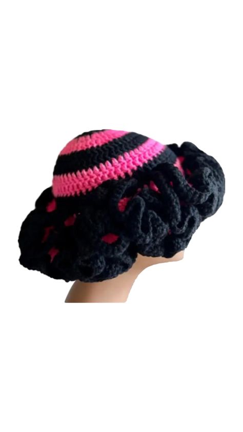 Hand made Ruffles pink and Black  Crochet Hat Pink And Black Crochet, Black Crochet Hat, African Print Pillows, Ruffle Hat, Crochet Cap, Black Crochet, Crochet Hat, Black Ruffle, Printed Pillow