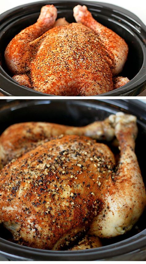 One of my favorite ways to make a whole chicken is in my slow cooker. Slow Cooker Chicken is so easy to throw together,  and at dinner time you have a lovely whole chicken to eat or shred and use in another recipe. BBQ Chicken Tacos and Chicken Pot Pie So Macncheese Recipe, Crock Pot Food, Easy Slow Cooker Chicken, Crockpot Dishes, Crockpot Slow Cooker, Chicken Slow Cooker Recipes, Like Chicken, Crockpot Cooking, Think Food