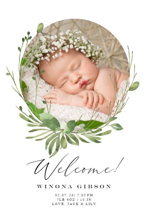 Greenery wreath - Birth Announcement Card #announcements #printable #diy #template #birth #baby #birthannouncements Diy Birth Announcement, Baby Arrival Announcement, Birth Announcement Design, Baby Boy Invitations, Announcement Design, Baby Announcement Pictures, Birth Announcement Template, Eye Illustration, Greetings Island