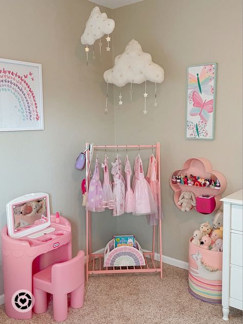 Baby Pink Toddler Room, Princess Aesthetic Room Ideas, Two Toddler Girls Bedroom Ideas, Small Dress Up Area, Small Room Toddler Girl, Toddler Room Ideas Girl Colorful, Dress Up Area Girls Room, Toddler Girl Dresser Decor, Toddler Bedroom Girl Ideas