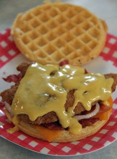 Jo and Sue: Easy Chicken and Waffle Sandwich Waffle Sandwich Ideas, Waffle Dinner, Waffle Sandwiches, Chicken N Waffles, Sandwich Ideas, Waffle Sandwich, Supper Ideas, Sausage Patty, Snack Shop