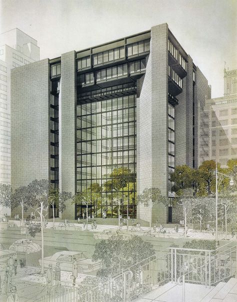 Ford Foundation Headquarters, New York City, 1963-68  (Kevin Roche John Dinkeloo Associates) Multifamily Architecture, Random Architecture, Architecture Analysis, Architectural Renderings, Architectural Representation, Architecture Classic, Ford Foundation, Elevation Drawing, Building Drawing