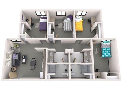 3D Rendering of GCU's Diamonback Apartments Gcu Apartment, Dorm Layout, University Apartment, Dorm Room Layouts, Grand Canyon University, University Dorms, Residence Life, Bathroom Layouts, Student Room