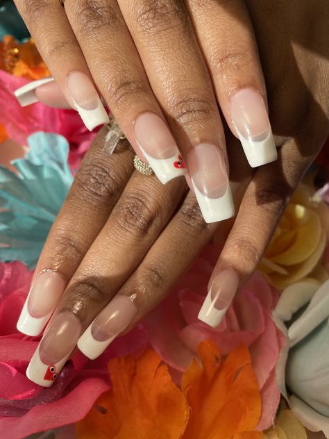 French Tip With Heart On Ring Finger, White French Tips With Heart, French Tip With Heart Design, French Manicure With Heart, White French Tip Nails Square, French Tip Nails With Hearts, French Tips With Heart, French Tips Designs, French Tips With Design