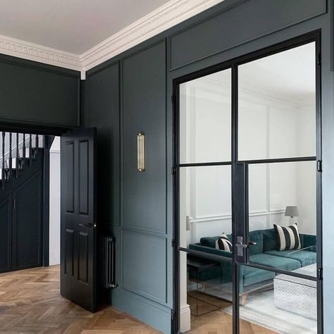 Paint & Paper Library on Instagram: “Squid Ink is elegant with dark woodwork and a strongly contrasting ceiling.  Image | @onefoureightlondon” Crittal Doors, Internal Glass Doors, Hallway Designs, Internal Doors, Front Room, Design Case, House Inspo, Doors Interior, Home Living Room