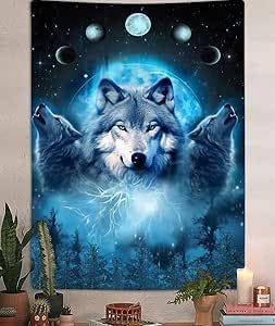 Cool Wolf, Space Tapestry, Wolf Decor, College Dorm Decor, Boy Girl Bedroom, Forest Tapestry, Moon Tapestry, Fantasy Animals, Blue Galaxy