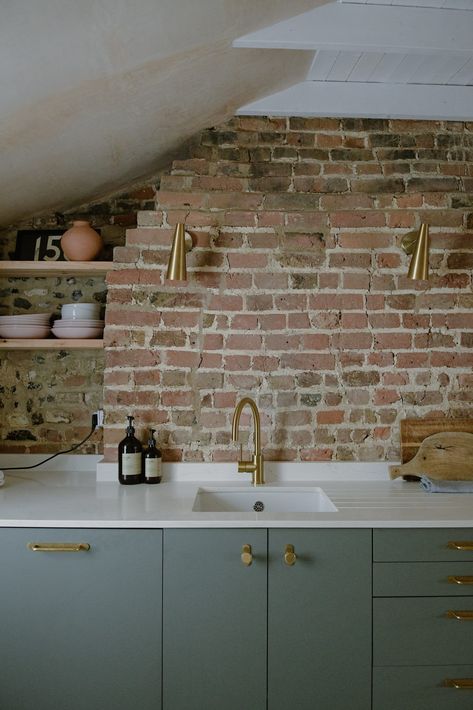 Exposed Brick Walls Kitchen, Brick Kitchen Wall, Beach Loft, Brick Wall Kitchen, Modern Cottage Homes, Kent Coast, Brick Kitchen, Victorian Kitchen, Wooden Floorboards