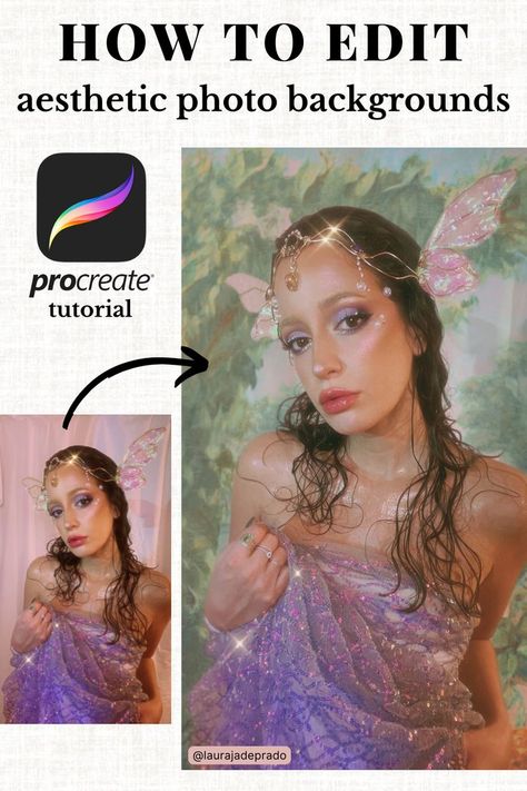 how to edit a fairycore aesthetic photo background using Procreate app Edit Aesthetic Photo, Photoshoot Tutorial, Portrait Photography Editing, Procreate App Tutorial, Glow Photos, Creative Self Portraits, Stage Ideas, Procreate Tutorial, Self Portraits