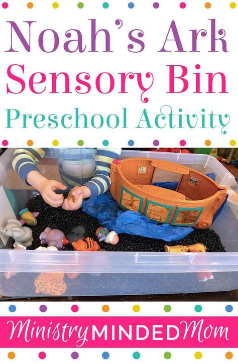 Noah\'s Ark Sensory Bin Preschool Activity Easter Story Sensory Bin, Noah Ark Sensory Bin, Bible Sensory Activities, Noah’s Ark Sensory Bin, Noah's Ark Sensory Bin, Sunday School Sensory Bins, Noah’s Ark Preschool, Noah’s Ark Crafts For Toddlers, Bible Story Sensory Bins