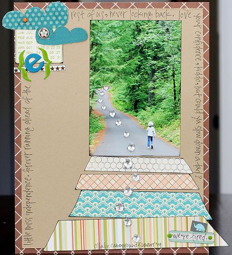 Gillian Nelson's awesome layout (one of many) on the Studio Calico blog... LOVE how she continued the road with the patterned paper strips. So creative! 6 Picture Scrapbook Layout, Pathway Photos, Scrapbook Layout Sketches, Kids Scrapbook, Family Scrapbook, Have Inspiration, Photo Layouts, Studio Calico, Scrapbook Sketches